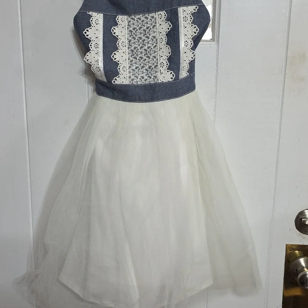 Bonnie‎ Jean Girls Chambray Denim Dress White Tulle Lace Ties Sz 14 EUC